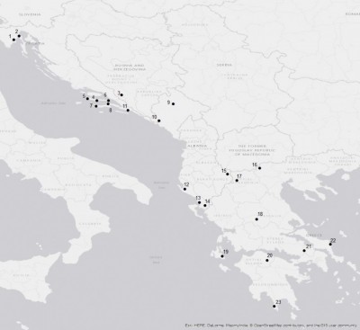 Figure 1. The cave sites in Western Balkans which have been investigated for the Balkan Cave Archaeology project: 1. Pupicina 2. Vela Pec 3. Zelena 4. Grapceva 5. Markova 6. Badanj 7. Vela 8. Nakovana 9. Odmut 10. Spila 11. Gudnja 12. Velce 13. Spil Himare 14. Konipsol 15. Tren 16. Antarton Pozar 17. Koromilia 18. Theopetra 19. Drakena 20. Cave of Lakes 21. Saracenos 22. Skoteini 23. Alepotrypa